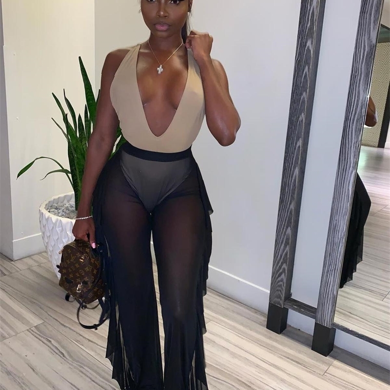 Echoine Sheer Mesh Ruffle Pants Beach Cover Up See Through Long Pants Bikini Cover Up Bottoms Swimsuit Swimwear Summer Black T200608