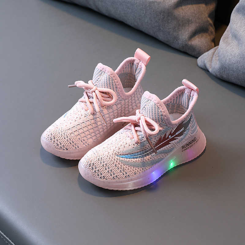 2021 Autumn Children's Light-up Shoes Breathable Boys' Soft-soled Luminous Sports Shoes Girls' Knitted Running Sneakers Fashion X0703