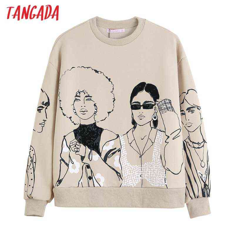 Tangada Women Charater Print Gray Sweatshirts Oversize Long Sleeve O Neck Loose Pullovers Female Tops 4H1 211108