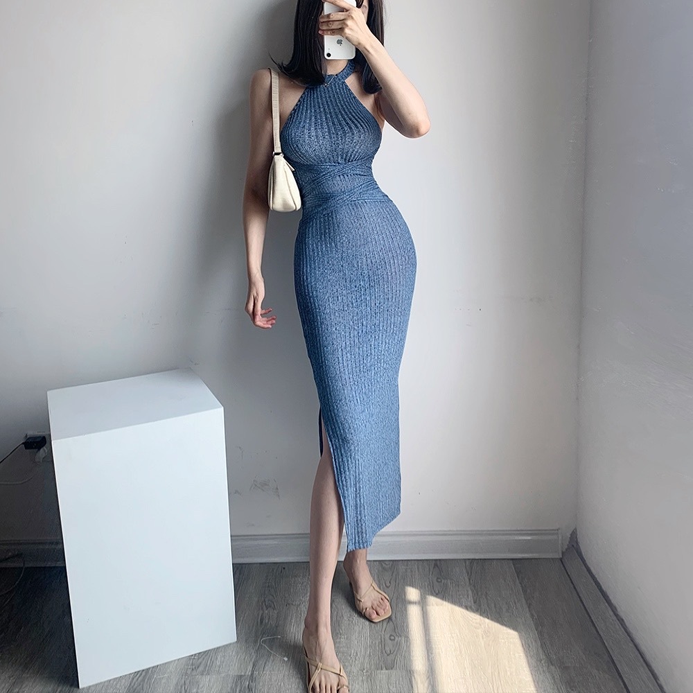 Summer blue pit stripe dress hanging neck sleeveless slit long dress cross tie MIDI dress female 210309