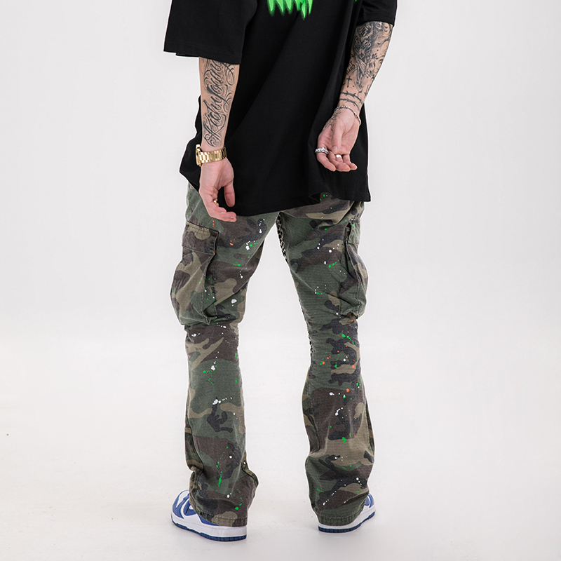 Hip-hop Splash Flared Pants Men and Women Pockets Drawstring Loose Cargo Pants Streetwear Baggy Trousers