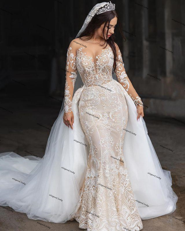 Princess Lace Mermaid Wedding Dresses Two Pieces Illusion Bridal Gowns Arabic Aso Ebi Long Sleeves Detachable Train Marriage