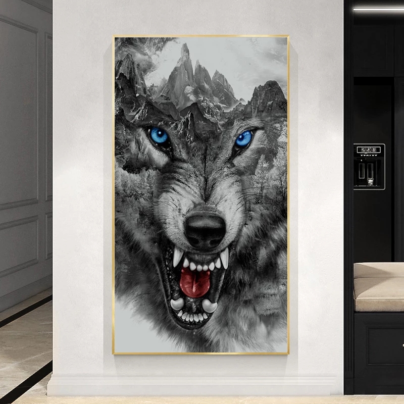 Angry Wolf Black White Posters and Prints Abstract Animals Canvas Painting on the Wall Art Picture for Living Room Home Decor