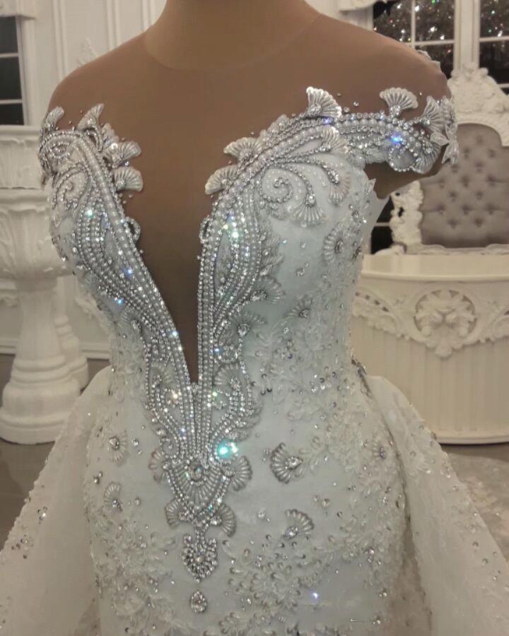 Latest Off the Shoulder Wedding Dresses with Detachable Train Plus Size Crystals Bead IIIusion Back mermaid Bridal Gowns