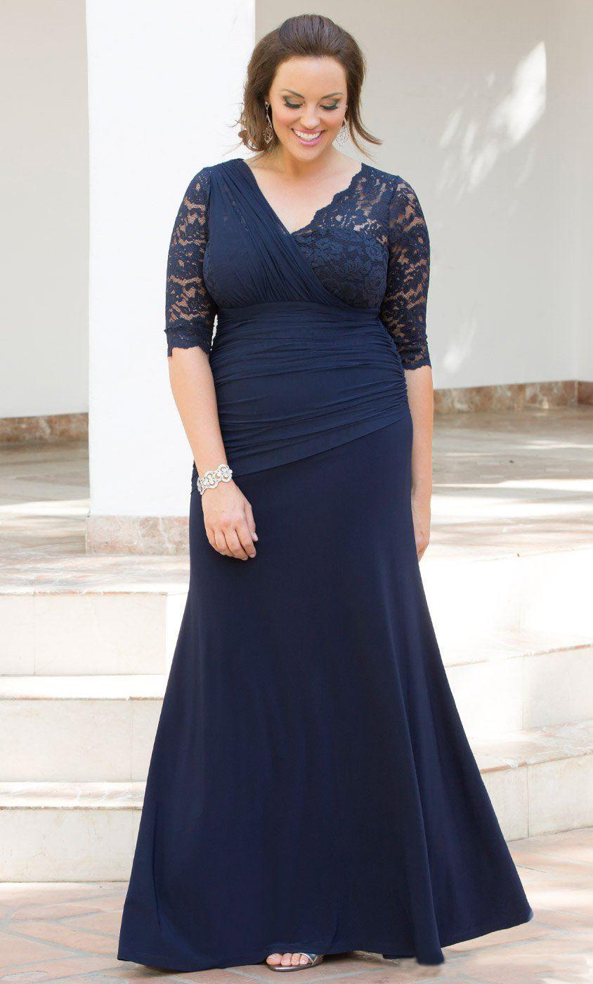 2021 Elegant Navy Blue Plus Size Lace Dresses With Half Sleeves V-Neck Evening Gowns Mermaid Floor Length Chiffon Formal Dress 0509