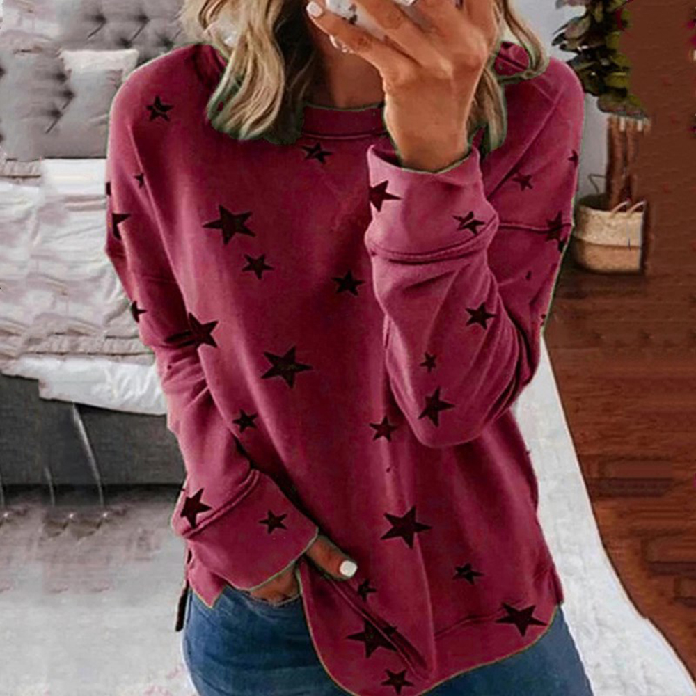 Clothes Women Ropa Mujer Vintage T Shirt Women Round Neck Long Sleeve Star Print Side Split Pullover Sweatshirt Plus Size 210310
