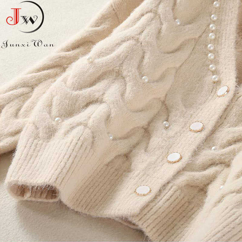 Cardigans Women Knitted Sweater Autumn Winter Long Sleeve V neck Jumper Fashion Sweet Beaded Cardigans Casual Streetwear Sweater 210918