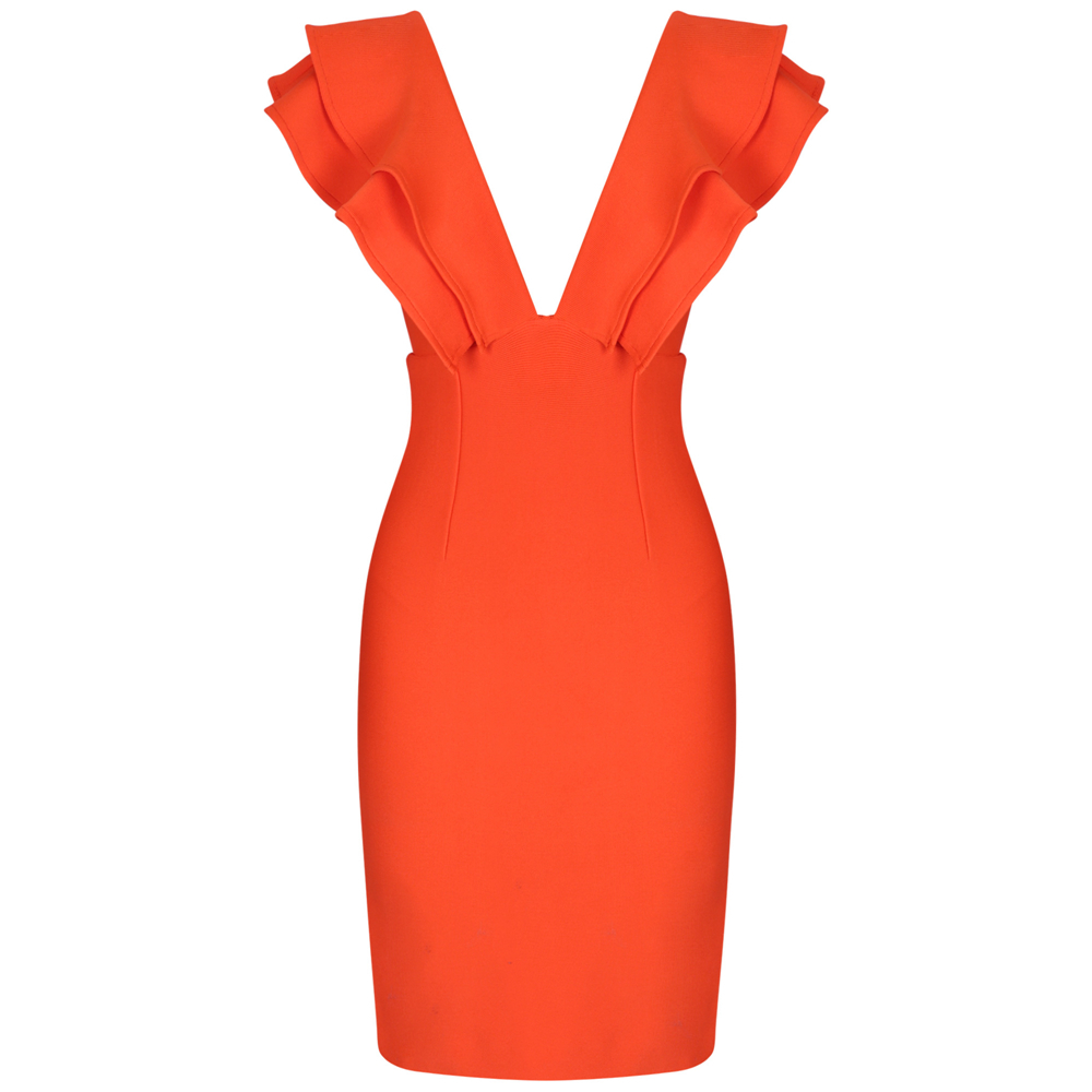 Ocstrade Sexy Bandage Dress Women Orange Deep v Neck Ruffles Elegant Bandage Dresses Bodycon Backless Club Party Dress 210303