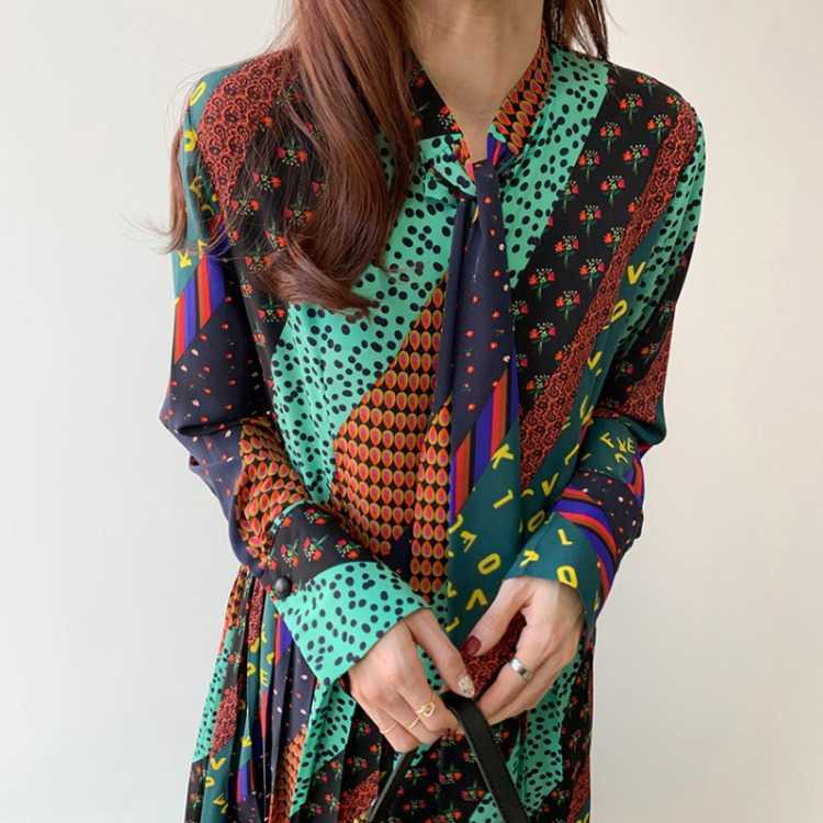 Chic Korean Retro Pattern Twill Print Lace Up Bow Long Full Dresses for Women 210615Z