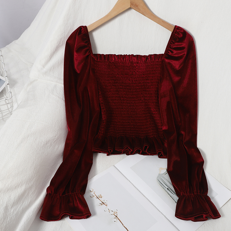 OCEANLOVE Korean Women Blouses and Tops Solid Sqaure Neck Vintage Short Shirts Elegant Autumn Velour Blusas Slim Ruffles 18434 210225