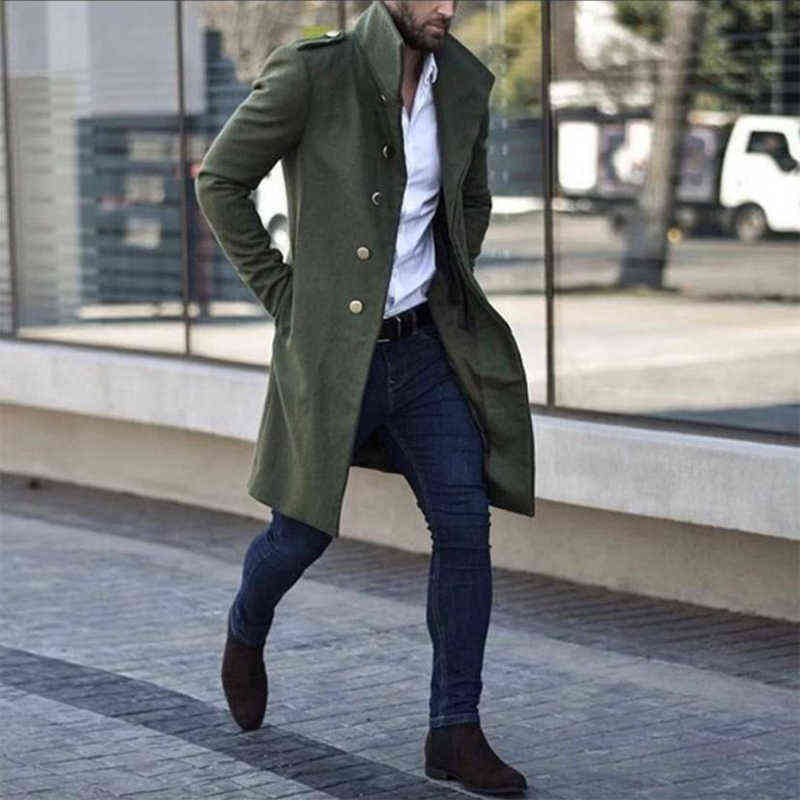 Winter Fashion Single Breasted Men Long Coats Mens Solid Warm Woolen Overcoats Casual Turn-down Collar Long Sleeve Cardigan 211122