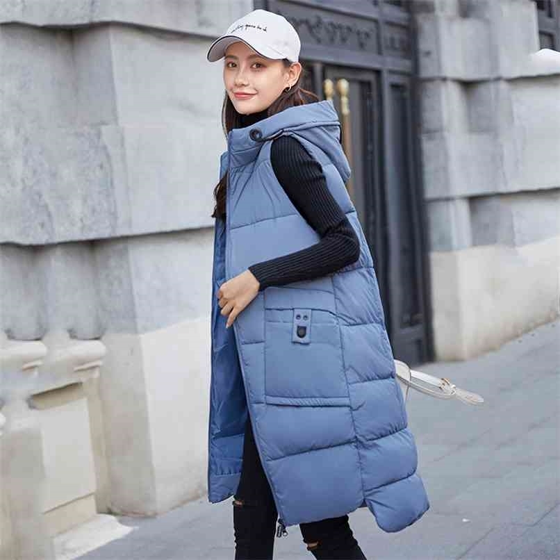 Autumn Winter Cotton Vest Women Hooded Coats Sleeveless Long Jacket Thicken Padded Waistcoat Female 210819