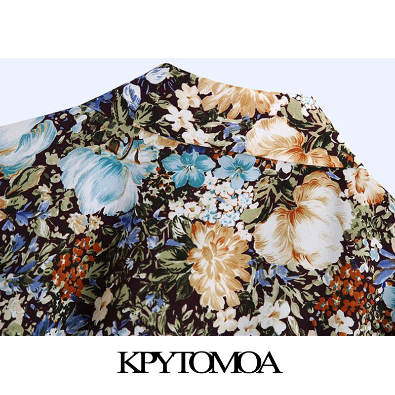 KPYTOMOA Women Fashion With Bow Tie Floral Print Cropped Blouses Vintage Long Sleeve Button-up Female Shirts Chic Tops 210225