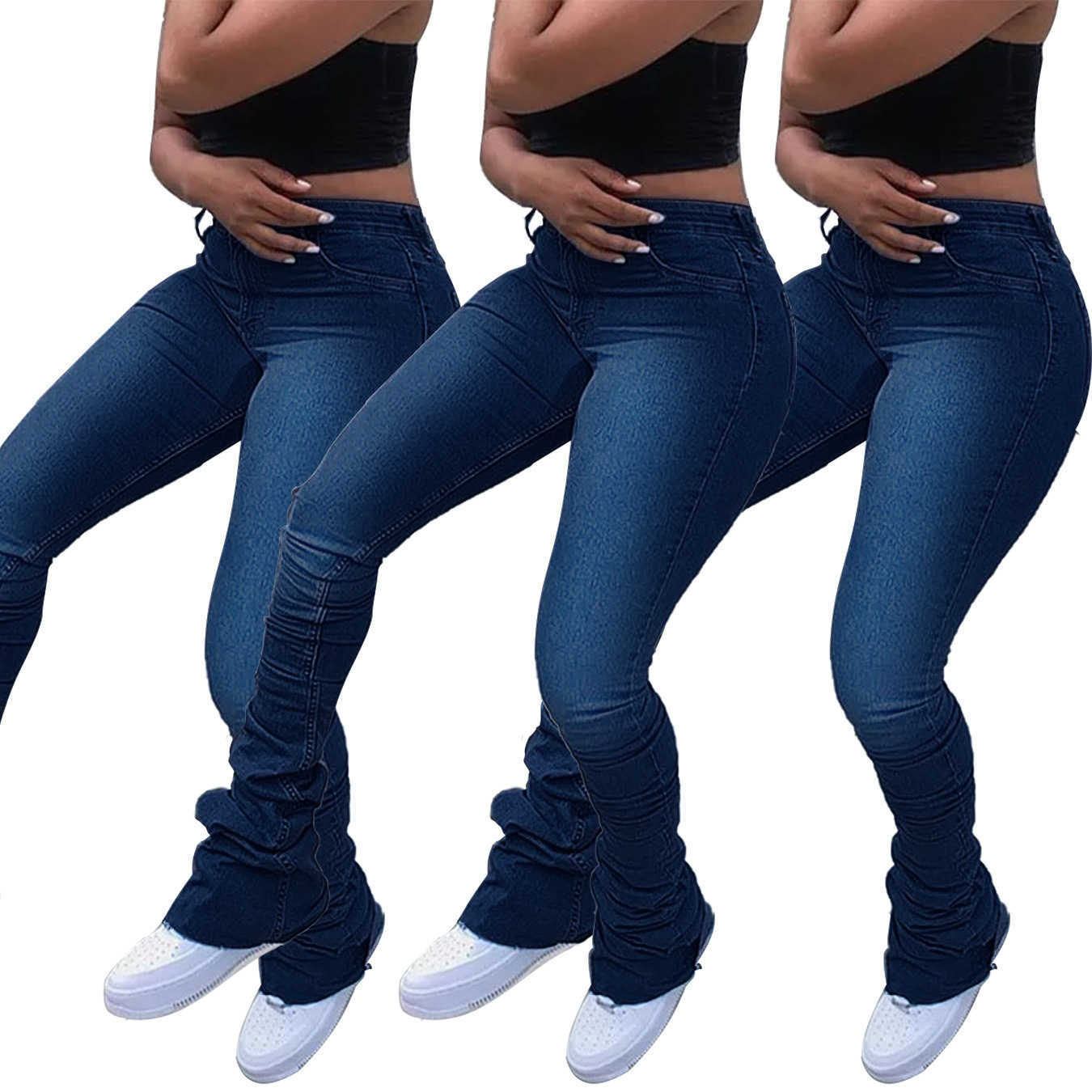 Spring Autumn Bell Bottom Mom Jeans Casual Light Blue Mid Waist Skinny Stacked Femme Fashion SkInny 90s Denim flared Pants 210809