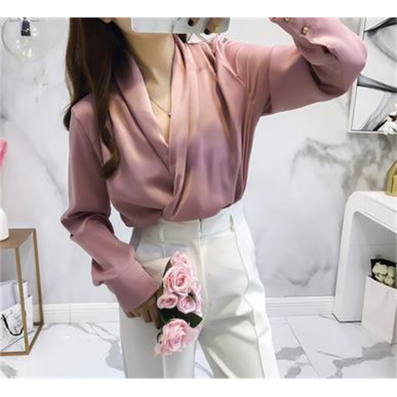 autumn long sleeve Cross V Neck Satin blouses Tops Women Sexy V Neck Satin tops Women V neck Satin shirts Tops T200321