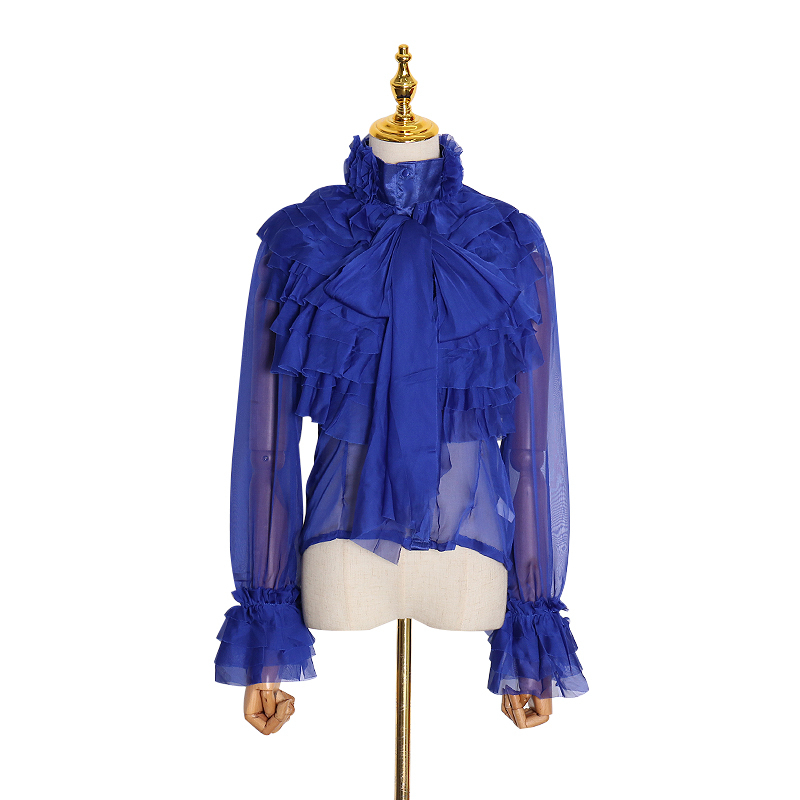 TWOTWINSTYLE Elegant Perspective Female Shirt Bowknot Collar Flare Long Sleeve Ruffle Blouses Women Fashion Clothing Spring 210225