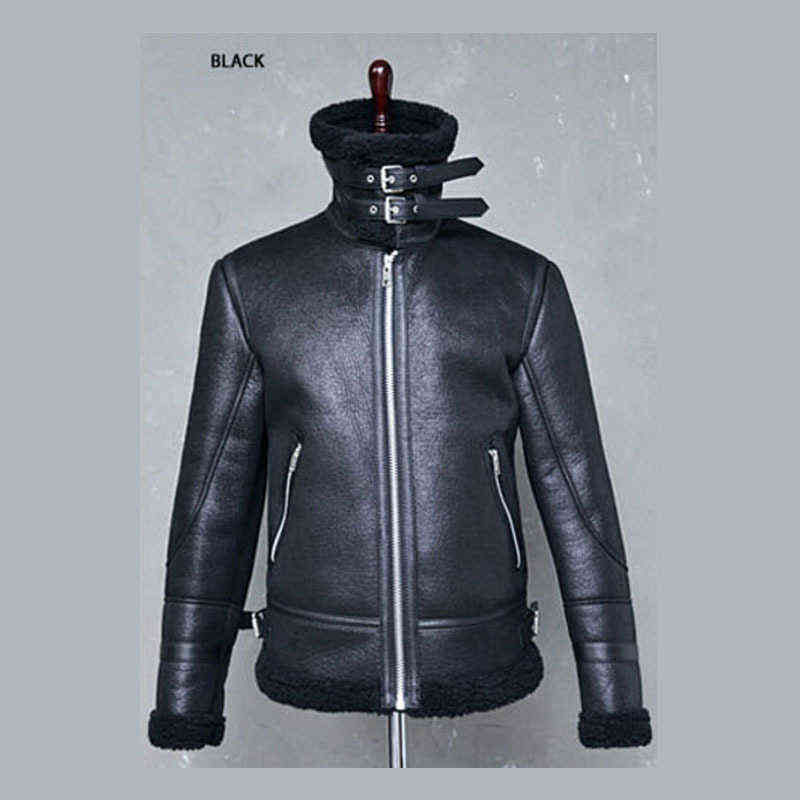 Warm Men Winter Fur Belt Faux Leather Jacket High Neck Shearling Coat Wool Lining Long Sleeve Mens Leather Bomber Winter Coats 211111