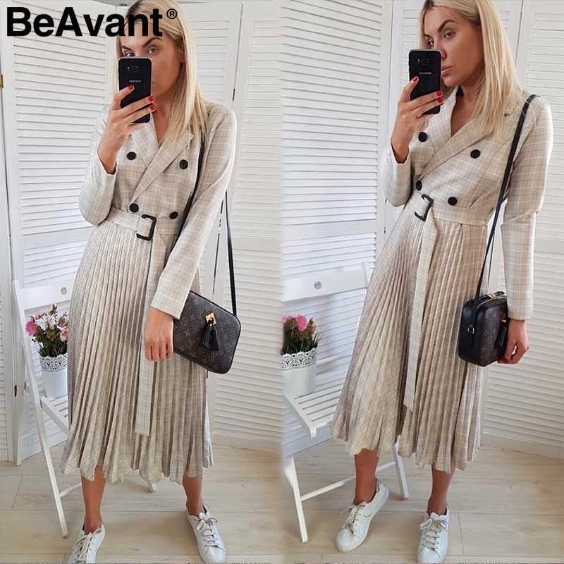 BeAvant Double breasted office dress women Elegant a line sashes plaid blazer dresses female Long sleeve pleated ladies vestidos 210709