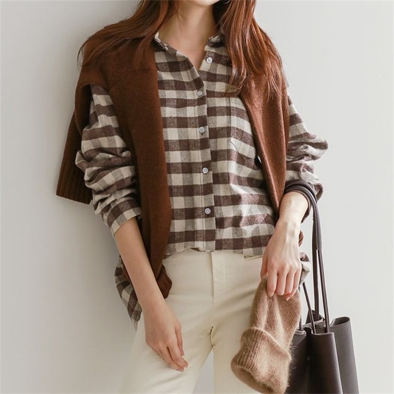 New Arrival Spring Fashion Women Long Sleeve Shirt Preppy Style Turn-down Collar Loose Plaid Blouse Casual Ladies Tops D222 210225