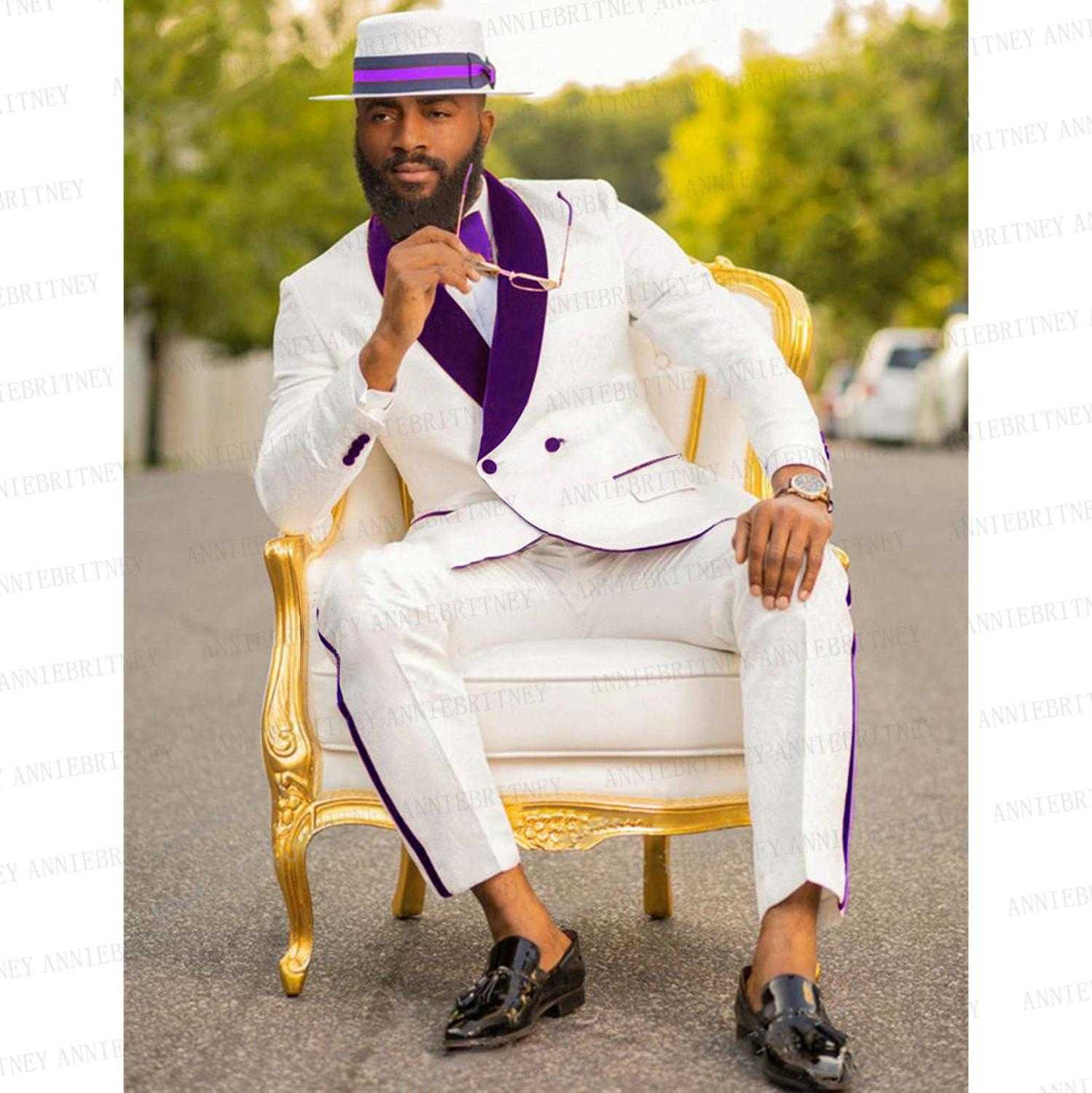 White Mens Wedding Suit 2 piece Custom Bridegroom Prom Party Tuxedo Slim Fit Blazer Red Velvet Double Breasted Jacket with Pants X0909