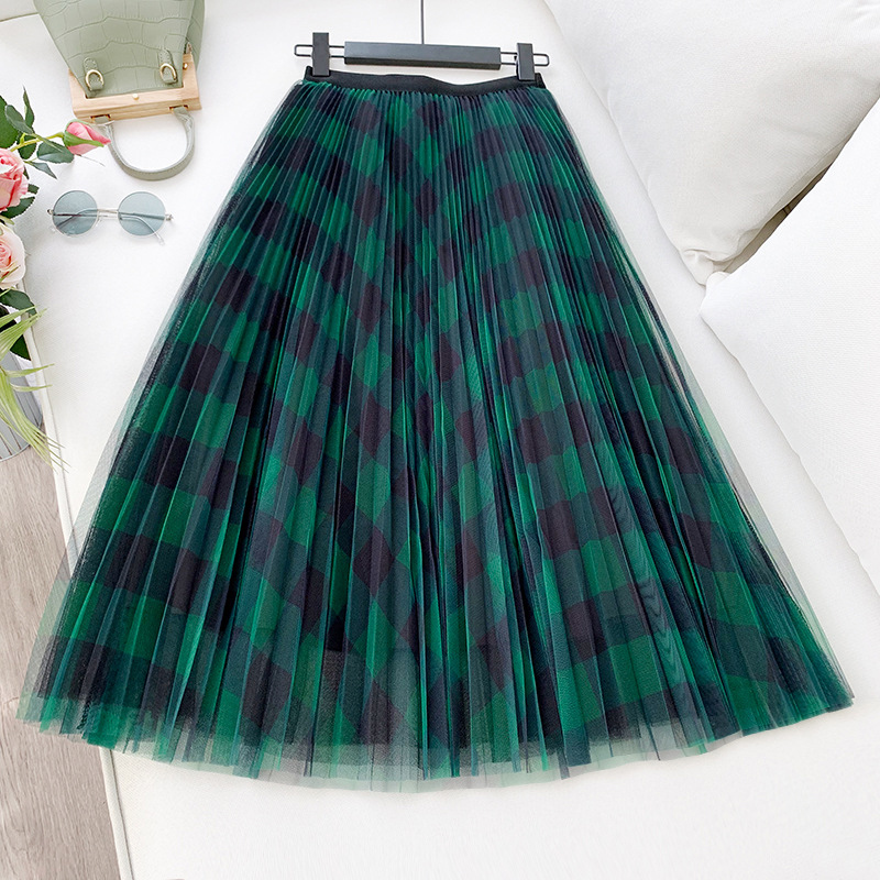 TIGENA Green Red Long Plaid Tutu Tulle Skirt Women Fashion Elegant A Line High Waist Pleated Maxi Skirt Female Ladies 210306