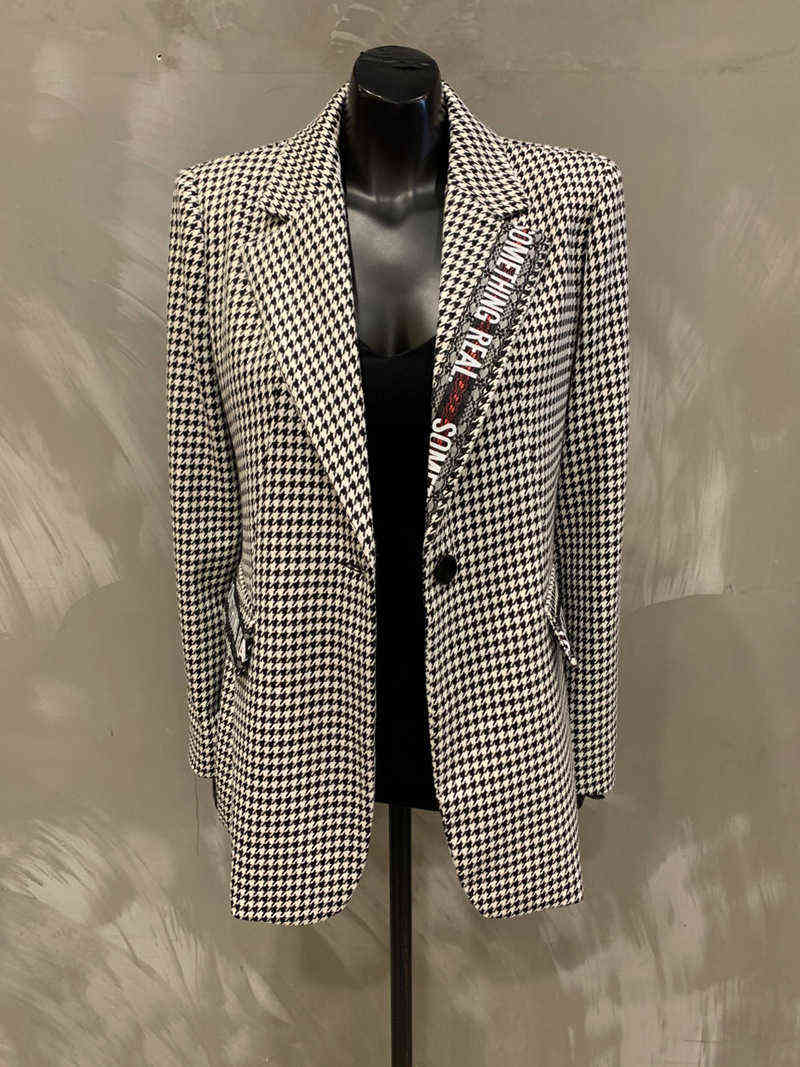 Autumn and Winter Lace-up Houndstooth Woolen Blazer Women's Loose Grid Retro Small Suit Wool Coat Ladies 211122