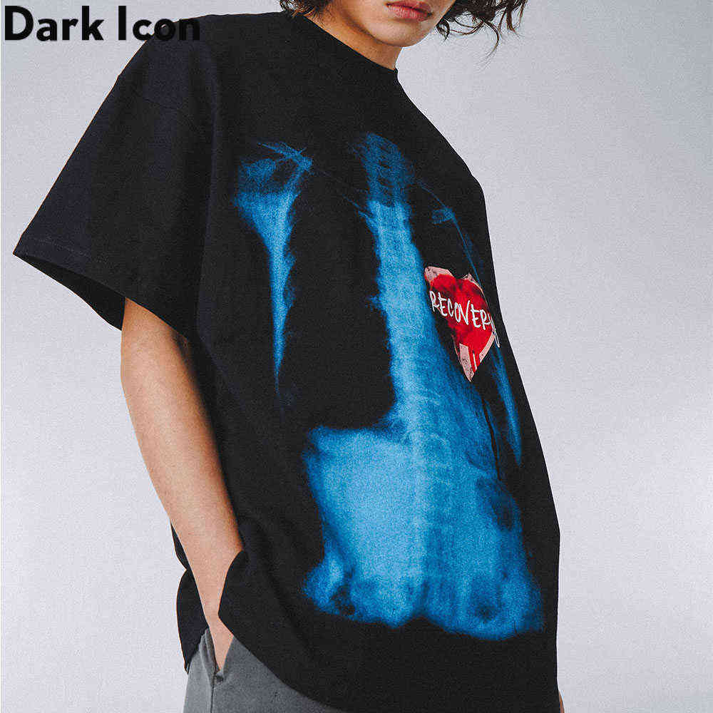 The Beating Heart Oversized Streetwear Men's T-shirt Short Sleeve Printed Tshirts for Man Casual Tee Shirts Black Whit 210603
