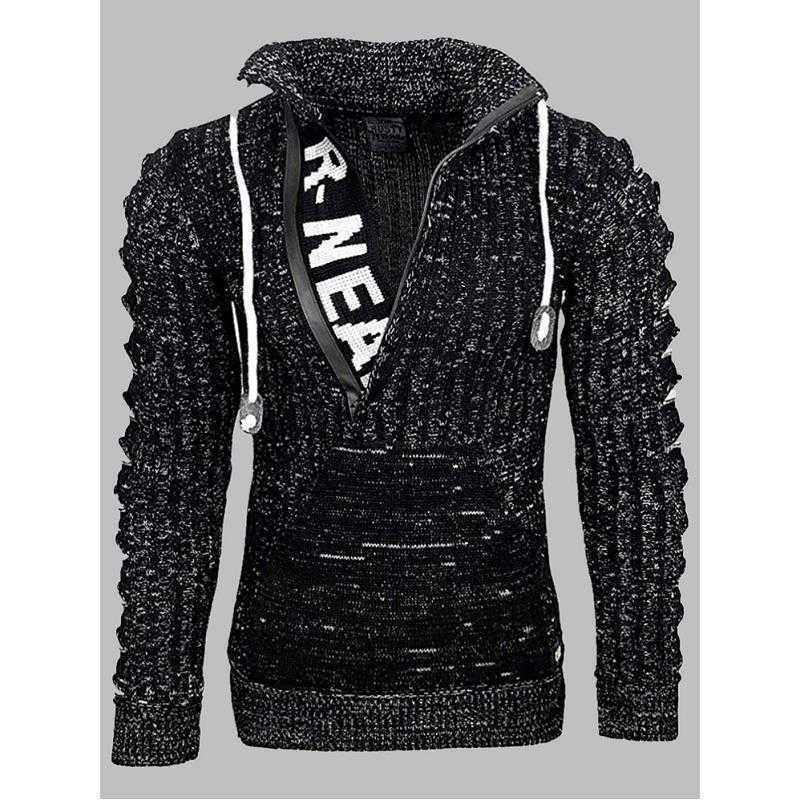 Winter Men Clothing Fashionable Sweater Turn-down Collar Long Sleeve Hole Casual Loose Front Pocket Knit Pull Homme Luxe 210604