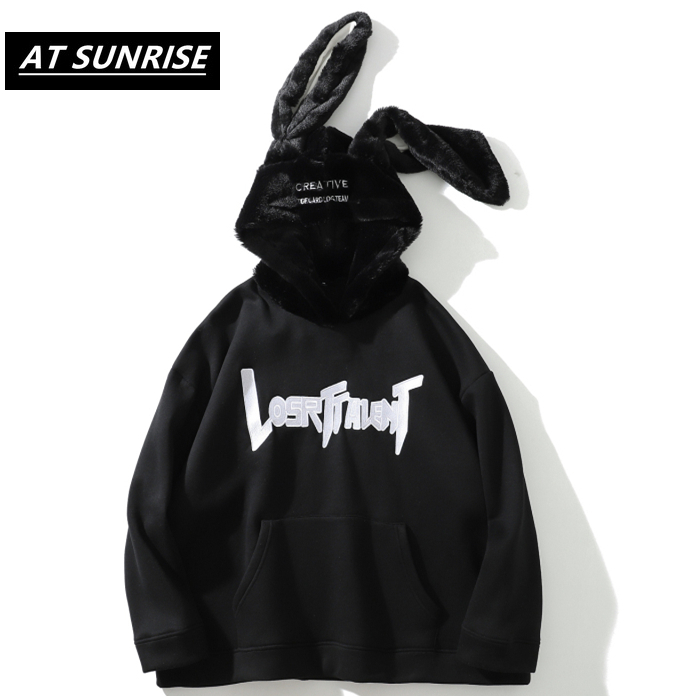 Amusing Rabbit ears Hip Hop Fleece Hoodies Men/Women Casual Hooded Streetwear Sweatshirts Hip Hop Harajuku Male Tops 201103