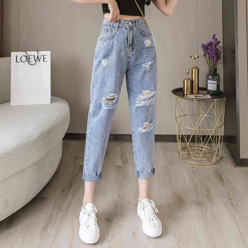 Embroidered daisy ripped jeans women loose cropped trousers summer thin high waist straight leg pants BF 211129