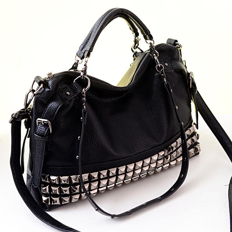 Duffel Bags Rivet Women's PU Leather Handbag Fashion Silver/Black Cowhide Women Messenger One Shoulder Big