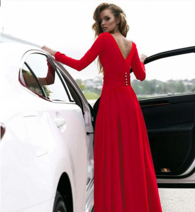 Sexy Side Split Long Women Prom Party Dresses Full Sleeve Deep V-Neck Floor Length Cheap Chiffon Special Occasion Gowns Plus Size