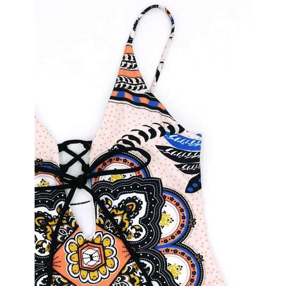 Vintage Print Swimsuit Women Swimwear Bandage Bodysuit Push Up Monokini Summer Bathing Suits Beach Wear 210625