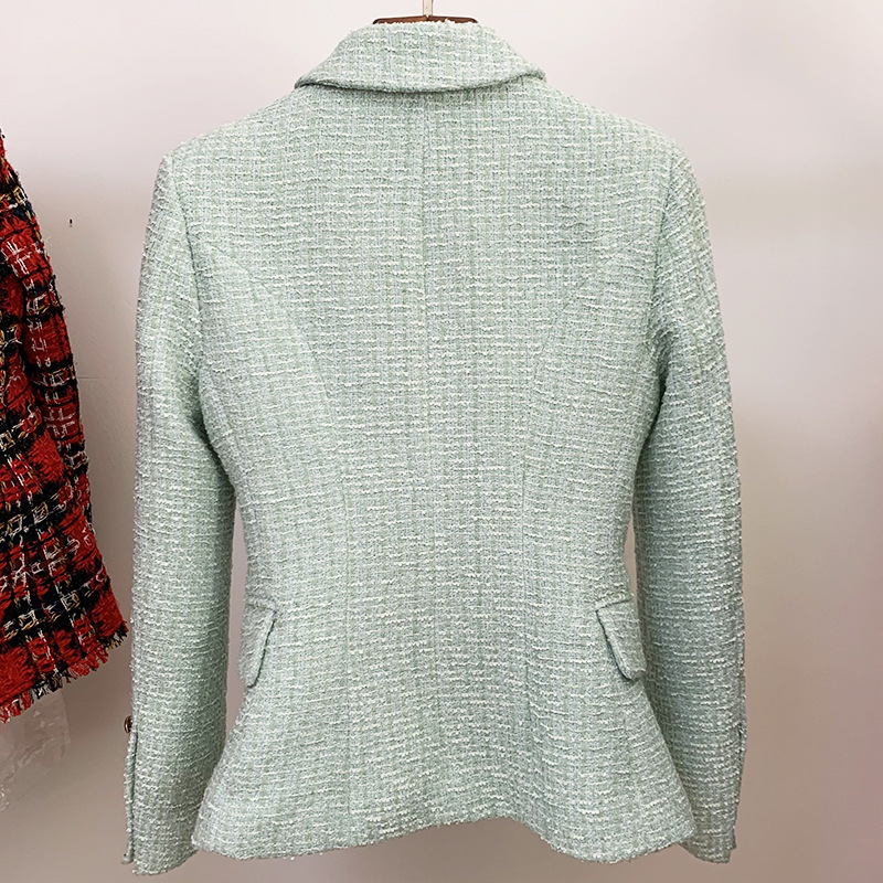 Tweed Mint Green Blazer Ladies Summer Jacket Coat Slim Office Business Double-breasted Woven Wool 210525