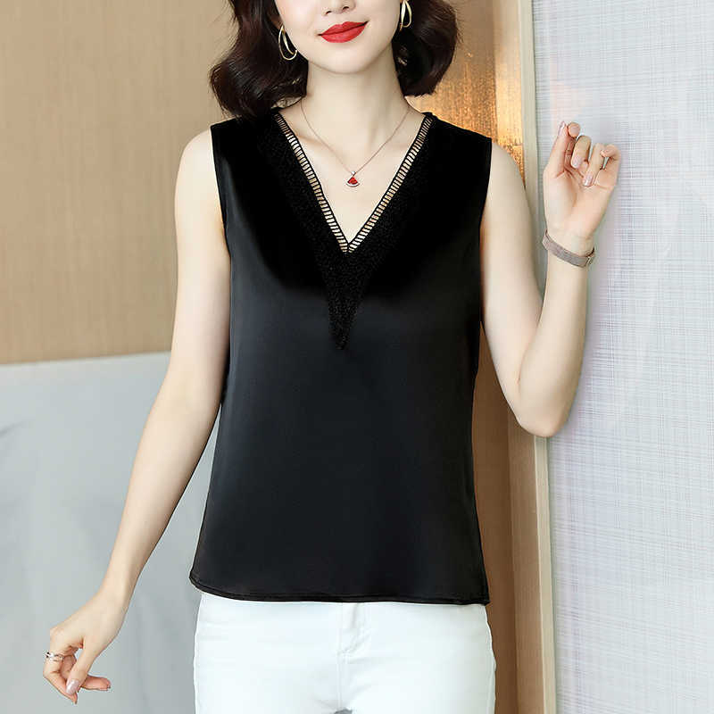 Korean Fashion Silk Tank Top Women Satin Office Lady Lace Solid Plus Size XXXL/5XL Clothing for 210531