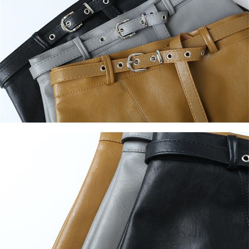 Winter Women PU Leather Irregular Skirt With Belt High Waist Slim Faux Leather Skirts Feminina Vestidos 210306