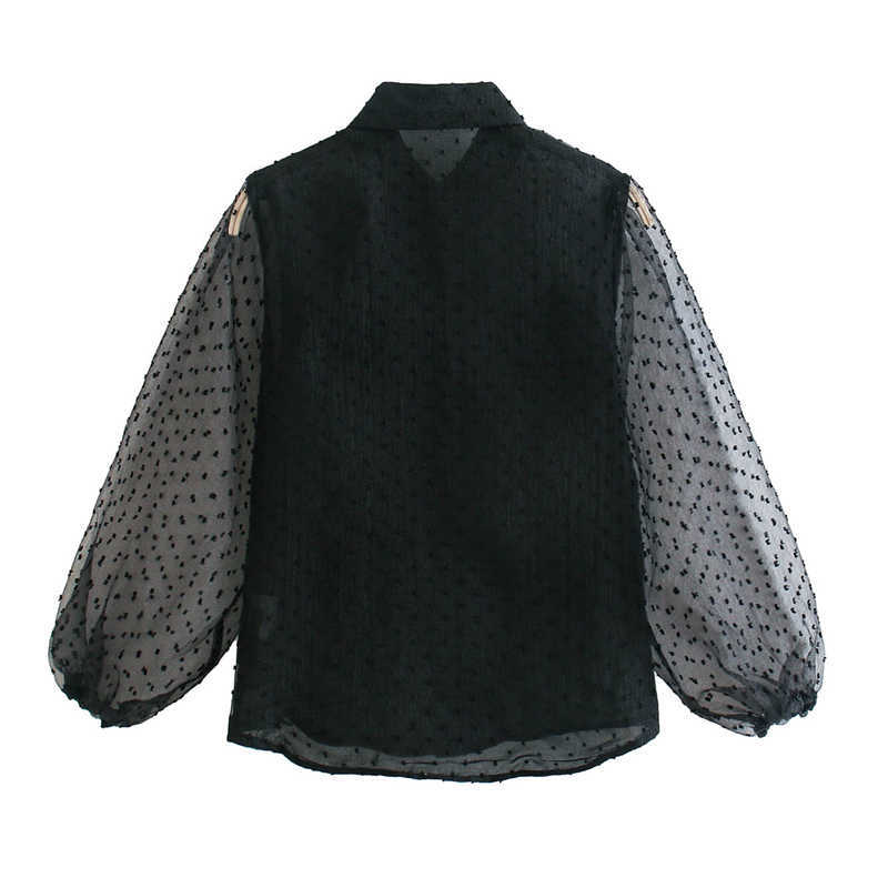 EXQJ Elegant Women Transparent Puff Sleeve Shirts Fashion Ladies Black Polka Dot Tops Sweet Female Chic Patchwork Blouses 210527
