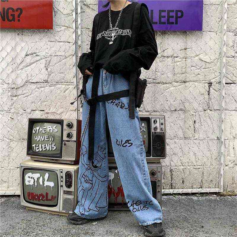 Graffiti printed street jeans women's gothic mopping loose wide-leg pants Harajuku street casual all-match jeans trousers women 211112