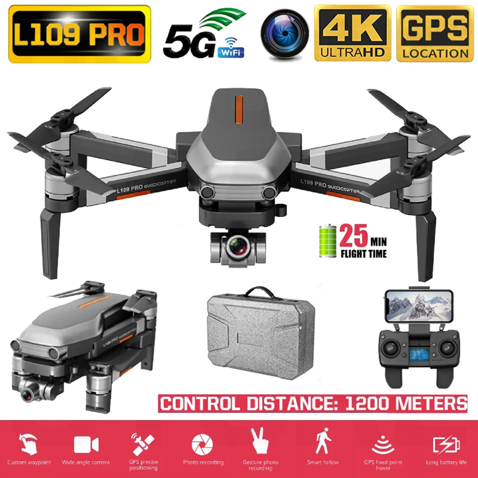 L109PRO GPS Drone 4K Quadcopter 5G WiFi FPV HD ESC Camera 5G wifi gps system drones Brushless Helicopter, 1 battery
L109PRO GPS Drone 4K Quadcopter 5G WiFi FPV HD ESC Camera 5G wifi gps system drones Brushless Helicopter, 1 battery
