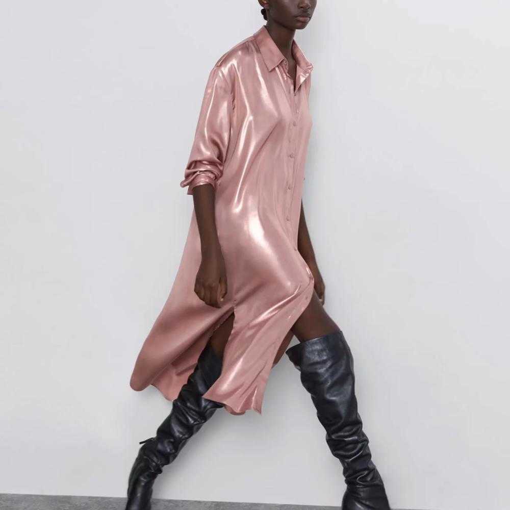 ZA women dress metal color reflective elegant chic lady Oversized long dresses Shiny Shirt style dress 210709, Pink
ZA women dress metal color reflective elegant chic lady Oversized long dresses Shiny Shirt style dress 210709, Pink
