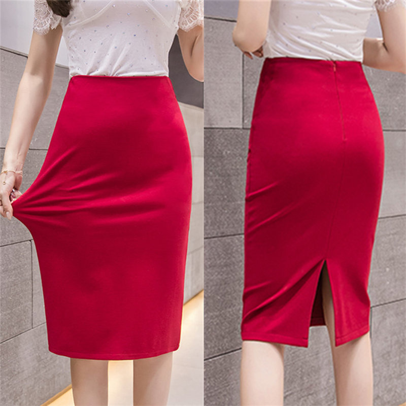 Elegant High Waist Skirts Workwear Plus Size Midi Skirt Slit Black Red elastic Office Lady Bodycon Pencil Skirts Womens 4XL 5XL 210309
