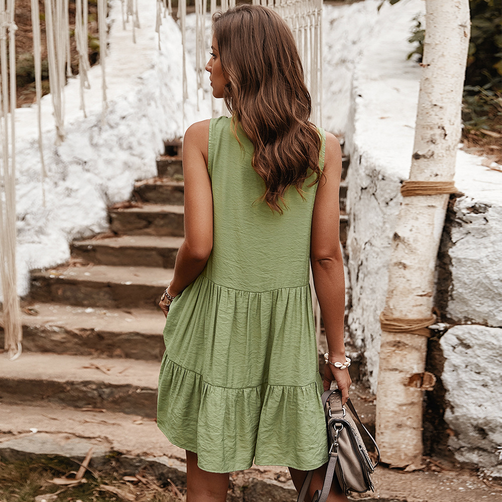 Summer Dresses Women elegant sexy V-neck casual boho sleeveless dress vintage yellow beach lace-up Sundress female clothes 210309