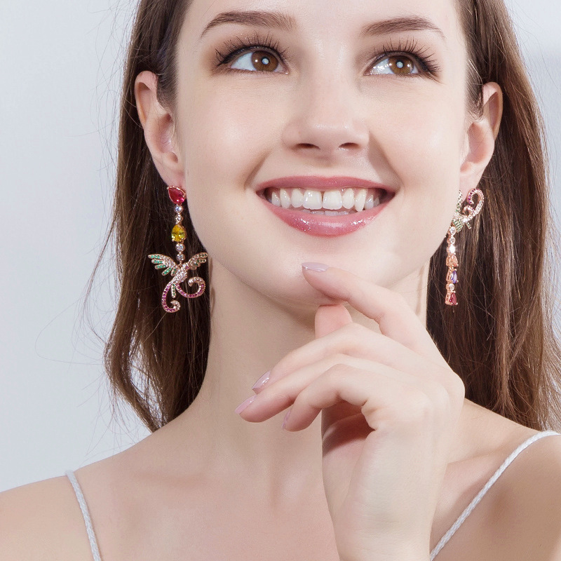 Bling Colorful Zircon Drop Earrings Chinese Phoenix Fine Jewelry Wedding Dangle Earrings for Women Gril Gift