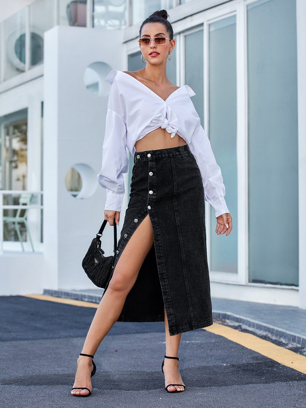 Denim Skirt Fashion Button Irregular Slit Skirts High Waist MidLength Sexy Denim Casual Women Skirts 210306