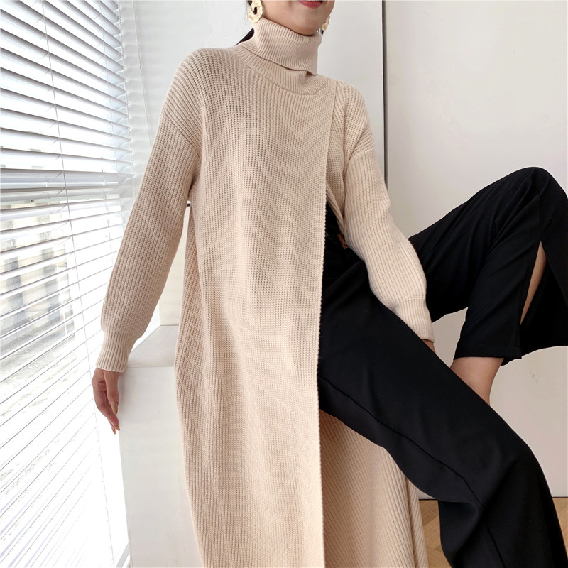 [EAM] Vent Long Knitting Sweater Loose Fit Turtleneck Long Sleeve Women Pullovers New Fashion Tide Autumn Winter 2021 1DA357 210218