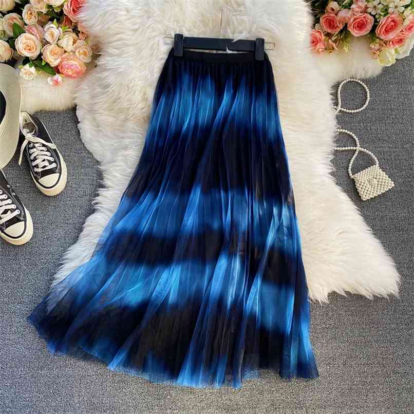 Women Mesh Tulle Skirts Elastic waist Gradient stripes Print Long Maxi Female A-line Pleated Saisa Femme 210602, Green 
Women Mesh Tulle Skirts Elastic waist Gradient stripes Print Long Maxi Female A-line Pleated Saisa Femme 210602, Green