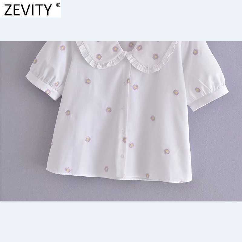 Zevity Women Sweet Floral Embroidery Casual Smock Blouse Female Short Sleeve Pleat Ruffles Shirts Chic White Chemise Tops LS9258 210603