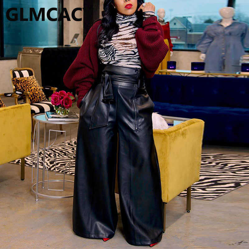 Women High Waist PU Leather Pants Classy Wide Leg Trousers Pants 210702