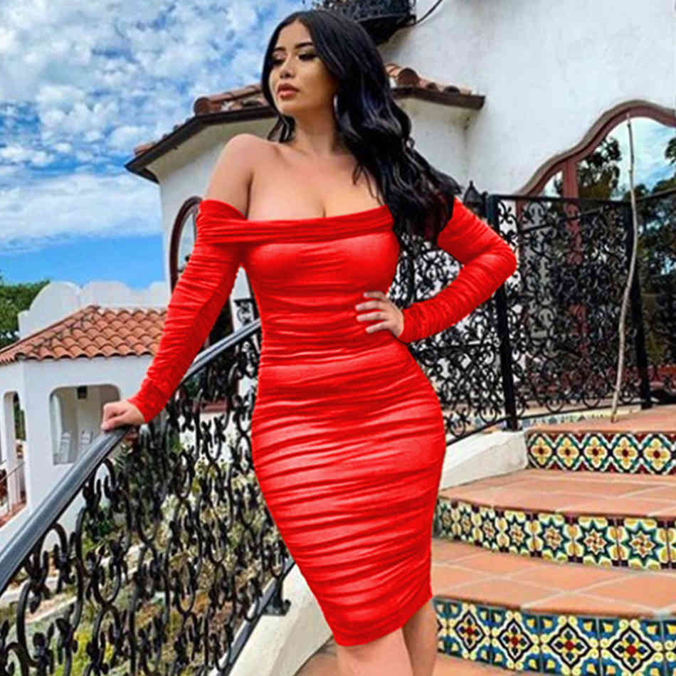 Summer Party Dress Ladies Sexy Pleated Mesh Tight Long Sleeve Off Shoulder See-Through Celebrity Club 210525