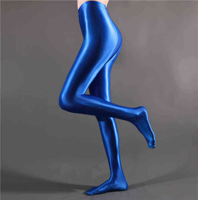Sexy Women Stripe Oil Gloosy Pencil Pant Shiny Full Smooth See Through Leggings Candy Color Dance Wear F20 211115